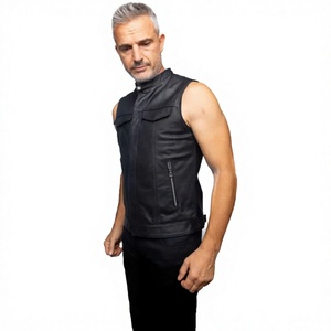 Gilet moto en cuir respirant pour homme, col montant, sans fermeture, couleur unie, vêtement d'extérieur pour motard, hiver - Product Image 2