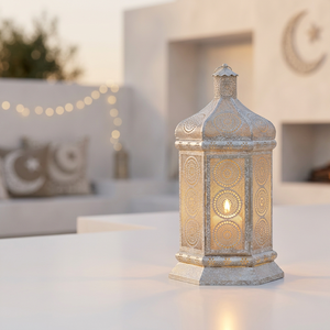 Decoraciones de Ramadán 2027, Farol de Vela Marroquí de Metal Blanco para el Hogar y Eventos, Iluminación - Product Image 1
