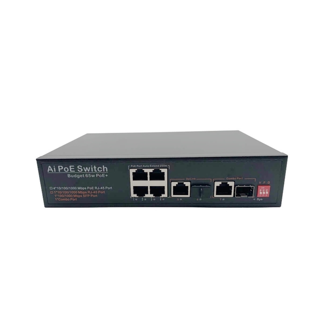 7-port 1000Mbps Unmanaged Ethernet Industrial PoE Switch with 1 Gigabit Uplink, 1 Uplink SFP Fiber Slot, 1 Combined Port