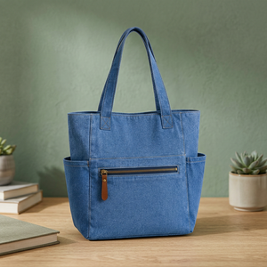 Blue <b>Canvas</b> <b>Tote</b> Bag Reusable Shopping Carryall Long Reinforced Handle Button Closure Utility Bag for Daily Travel - Product Image 4