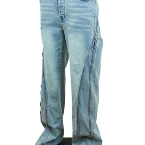 TOPSHOW DENIM Designer Custom <b>High</b> <b>Waisted</b> Stretch <b>Jeans</b> Pant Acid Wash Side Metal Zipper Vintage Baggy <b>Jeans</b> <b>Men</b> - Product Image 2