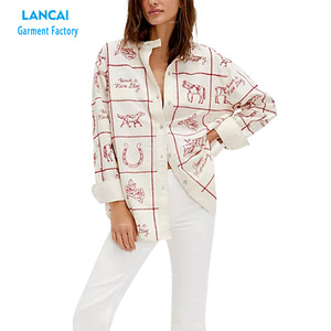 Blusa con botones y bordado gráfico de lino y algodón de gran tamaño para mujer Breezy Neckline Button-Front Closure Button Cuffs - Product Image 1