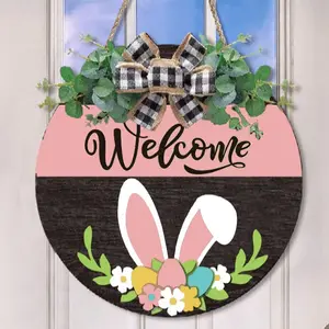 Y189 Easter Money erba bianco e nero controllo arco orecchie da coniglietto di benvenuto porta appeso cartello di legno artigianato