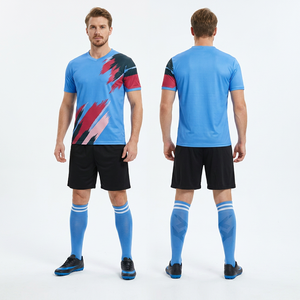 Conjunto de Camiseta de Fútbol Azul para Hombre con Estampado Geométrico, Manga Corta, Cuello en V, Uniforme de Poliéster que Absorbe la Humedad para Adultos y Jóvenes - Product Image 1
