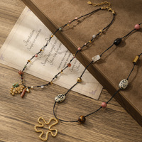Automne hiver Vintage à la main or tissé pierre naturelle en acier inoxydable fleur collier de perles femmes Style ethnique chandail chaîne