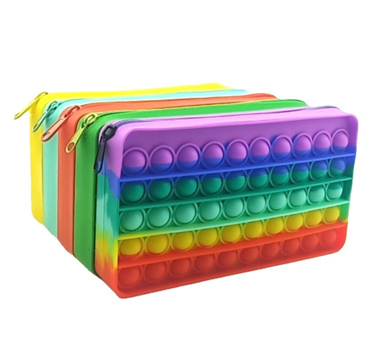 wholesale rainbow silicone popper bubble fidget toy pencil case for children