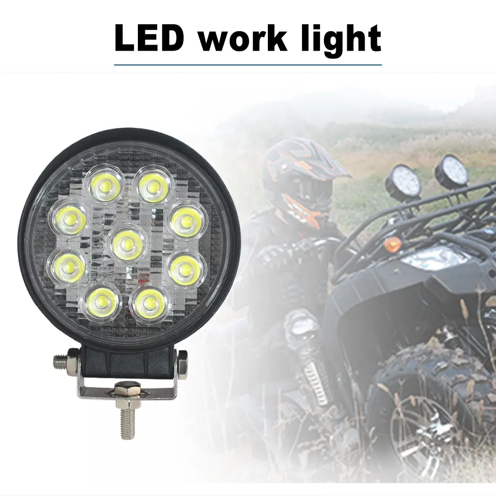 Luz led de trabalho 27w, lâmpada de feixe de inundação, farol para caminhão offroad