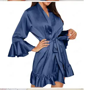 חדש משי קימונו חלוק רחצה נשים משי שושבינה גלימות סקסי חיל הים כחול גלימות סאטן Robe גבירותיי הלבשה שמלות