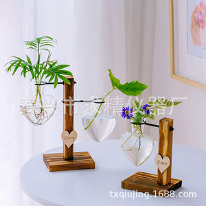 Heart Shaped Glass Hydroponic Vase With Wooden Stand For Desk Decoration Modern Style Brown Color - Product Image 1
