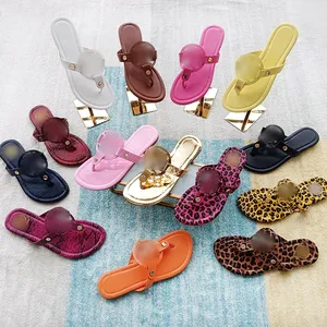 Wholesale designer brand shoes fashion ladies sandals flat slippers PU leather flip flops for women