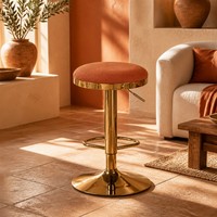 Tabouret de bar rond de luxe rembourré, pivotant, réglable en hauteur, avec structure en métal doré brillant et repose-pieds ovale pour îlot de cuisine