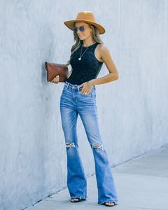 Pantalones de mezclilla acampanados con roturas, impermeables, de tiro medio, con lavado desgastado, estilo casual para <span class=keywords><strong>mujer</strong></span> - Product Image 4