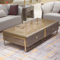Juego de Mesa de Centro de Lujo Italiano Moderno en Gris con Acabado Lacado Brillante y Cuero, Estructura de Madera, Cajones de Almacenamiento, Muebles Metálicos para Sala de Estar