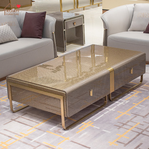Luxuriöses Italienisches Modernes Graues Hochglanz-Lackiertes Leder-Couchtisch-Set Holzrahmen Schubladenspeicher Metall Wohnzimmermöbel - Product Image 2