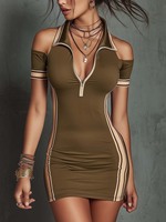 Robe mini moulante rayée sportive pour femme, épaules dénudées, demi-zip, robe de soirée