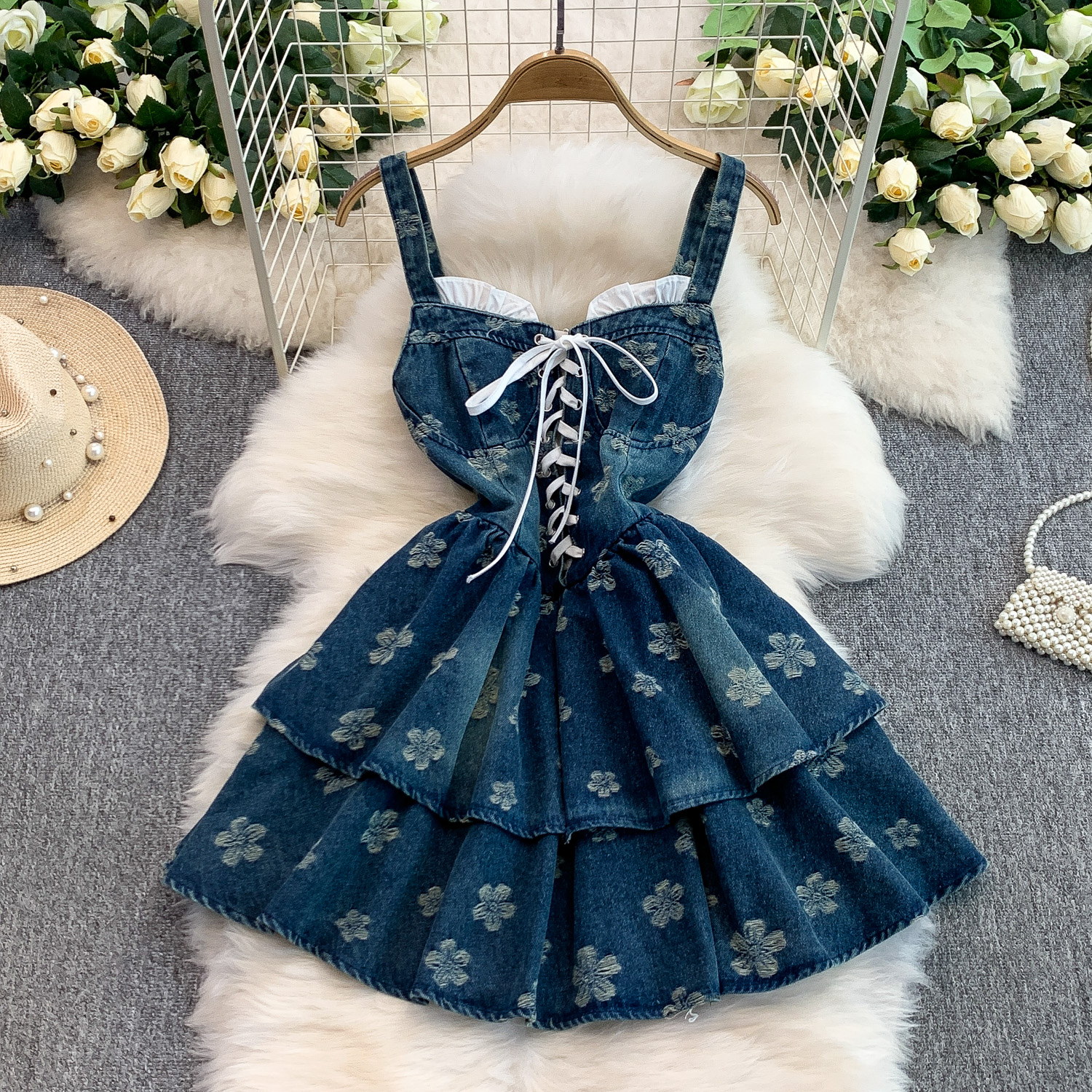 white christmas dresses Dolly Denim Dreams Tulle Trim Skirt Set – Shop Pretty Pieces main image 1