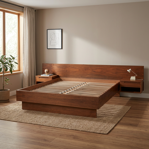 Teak Solid Wood <b>Platform</b> <b>Bed</b> <b>Frame</b> with Integrated Nightstands and Storage Midcentury Modern Design Custom Size Available - Product Image 3