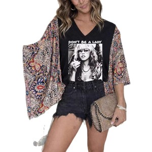 <span class=keywords><strong>T</strong></span>-<span class=keywords><strong>shirt</strong></span> Bohème à <span class=keywords><strong>Imprimé</strong></span> Floral et Patchwork Col V pour <span class=keywords><strong>Femme</strong></span>, Manches Chauve-Souris Graphiques Vintage, Coupe Ample Décontractée d'É<span class=keywords><strong>t</strong></span>é, Style Bohème - Product Image 5