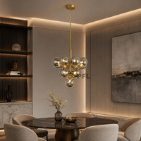 Lustre moderne à 13 lumières en verre fumé laiteux, design cluster moléculaire, suspension en fer doré pour chambre à coucher, garantie 2 ans, interrupteur inclus