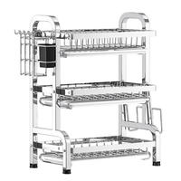 Étagère de rangement de cuisine moderne à trois niveaux en acier inoxydable, support vertical pour vaisselle et bols, égouttoir portable pour couteaux