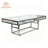 Table de banquet rectangulaire moderne de luxe en acier inoxydable doré avec plateau en verre pour mariage, événement, hôtel, location de mobilier