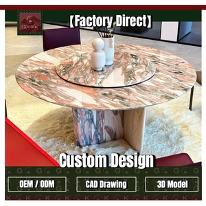 Mesa Redonda Giratoria de Mármol Rosa con Vetas Naranjas para Comedor de Villa de Lujo, Pedestal Híbrido de Mármol y Madera, OEM ODM - Product Image 1