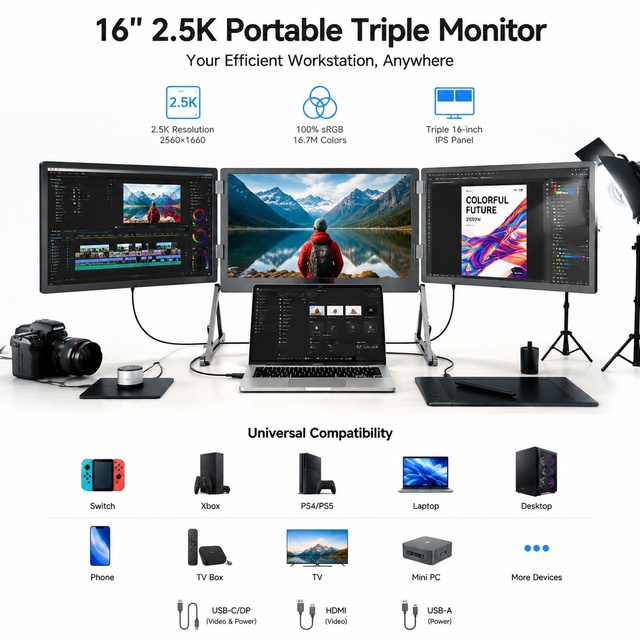 100% SRGB Color Accurate Triple Portable Monitor 3*16 Inch 2.5K Aluminum Frame for Video Editing & Design Work