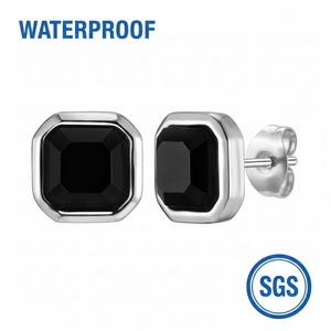 Men's Trendy <b>Black</b> Agate Bezel Setting <b>Stud</b> <b>Earrings</b> Silver Plated Stainless Steel Geometric Square Fashion Jewelry for Daily - Product Image 6