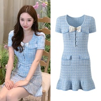 Robe courte élégante en tweed pour femme OUDIAN, avec nœud papillon et boutons en diamant, style décontracté et élégant.