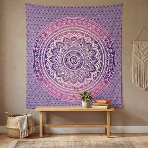 Tapiz Mandala Degradado en Rosa y Morado, Decoración de Pared Geométrica Bohemia, 100% Poliéster Estampado - Product Image 1