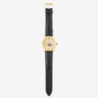 Montre à quartz de luxe haut de gamme en or avec cadran en verre et affichage jour/date, bracelet en cuir, livrée dans une boîte élégante