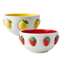 OEM ODM Nieuwe Creatieve 3D Aardbei Handgeschilderde Keramische Saladeschaal Op Maat Geëmbosseerde Citroen 650ml Keramische Fruitschaal voor Tafelgerei