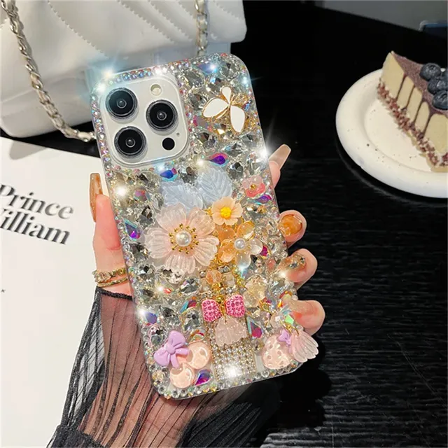 Beautiful Bow Perfume Bottle Flower Diamond Phone Case for iPhone 17 16 15 Pro Max 14 13 12 11 Xs Xs Max Crystal Back Cover