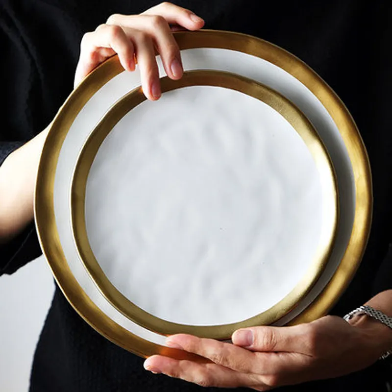 8 इंच 10 इंच फैंसी सोने की अंगूठी सिरेमिक खाने की थाली सलाद व्यंजन Tableware सेट रसोई बर्तन काले सफेद