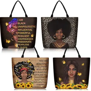 Customizable Printed Casual African Girls Large Canvas Tote Bag Women Shopping Bags With Pocket And Zipper