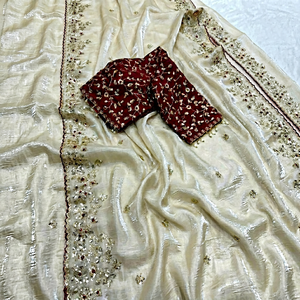 Sari de Satén de Diseño Fandy con Bordado de Lentejuelas de 3mm, Blusa con Costuras Completas en Contraste para Mujer, Ideal para Fiestas y Eventos Tradicionales - Product Image 1