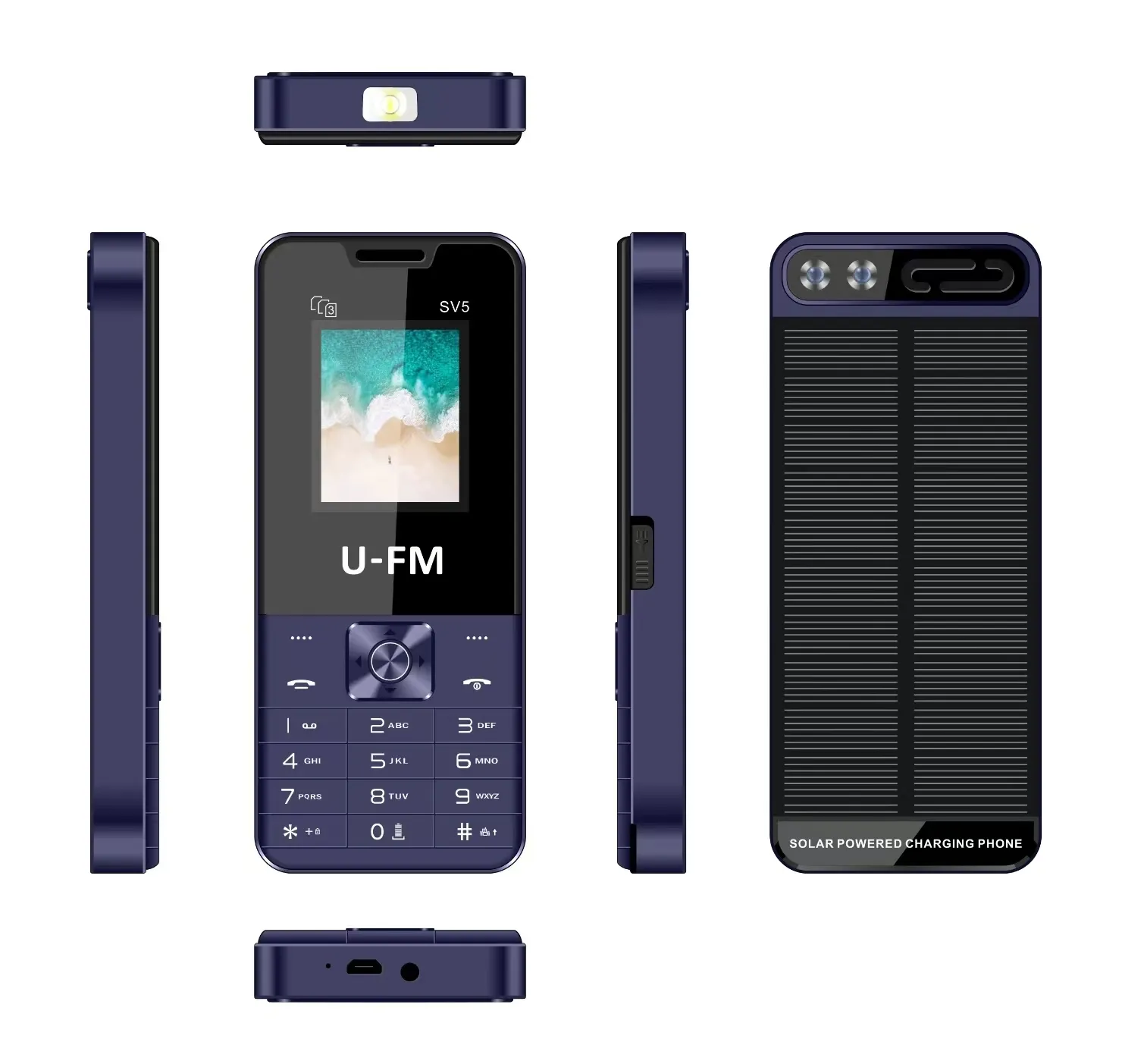 Venta al por mayor de fábrica de China, teléfonos con funciones de 1,77 pulgadas 2G Gsm con placas traseras de carga solar, teléfono