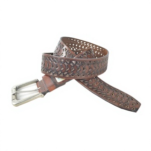 Ceinture décontractée vintage Equipro en cuir véritable, motif chevrons, boucle ardillon argentée, largeur rectangulaire 3,5 cm, en cuir de vachette respirant - Product Image 1