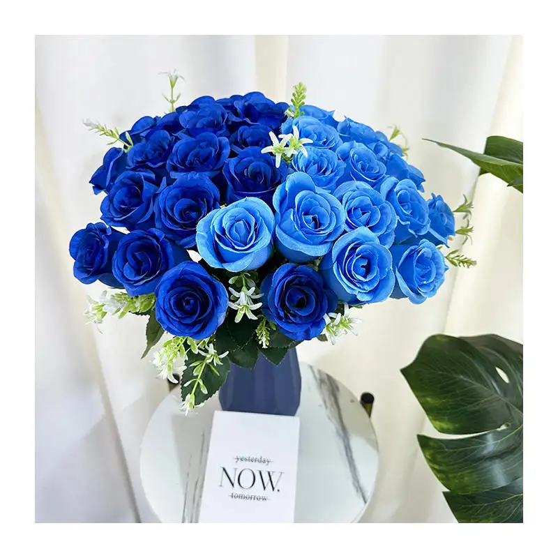 Buquê de flores de seda para casamento, buquê de flores artificiais com 18 cabeças, azul real, roxo e vermelho, atacado, flor de simulação