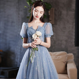 Women's Evening Gown Blue Empire Waist Sweetheart Neckline Ball Gown <b>Glitter</b> Dress For Vocal Arts Examination Annual Meeting - Product Image 3