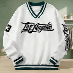 Los Angeles V-Neck Sweatshirt Men's Oversized Knitted Pullover White Green Stripe Casual Autumn Wear - Product Image 3