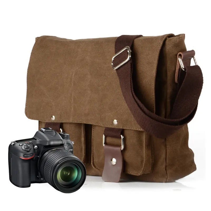 Bolso de hombro de lona vintage para viaje, bolsa de almacenamiento impermeable con logotipo personalizado para cámara dslr