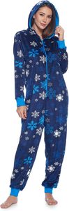 Womens 100 Percent Polyester Minkfleece Snowflake Pattern Hooded One Piece <strong>Pajama</strong> Union Jumpsuit - Product Image 3
