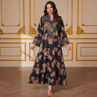 Robe longue musulmane pour adultes, style vintage, imprimé floral, col montant, manches évasées brodées, en polyester respirant, type Abaya Kaftan