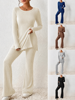 Ensemble 2 pièces tricoté pour femme, automne, haut tunique à manches longues et col rond, pantalon évasé, coupe régulière, respirant, tenue décontractée pour la maison et le quotidien