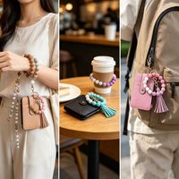 Verticale ID-creditcardhouder sleutelhanger siliconen kralen portemonnee portemonneetje stretch armband polsbandje PU lederen kwast sleutelhanger