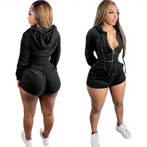 Women's <b>Black</b> Velvet Hooded Zipper <b>Jumpsuit</b> Full Sleeve Solid Color Casual <b>One</b> Piece Set Breathable Knitted <b>All</b> Seasons Wear - Product Image 1