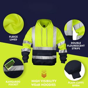 Logo kustom Hi Vis kaus bulu domba Bushed visibilitas reflektif warna Solid pria dengan kantong hoodie Pullover untuk pria - Product Image 6