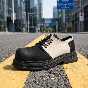 Retro Herringbone Pattern Chunky Toe Lace-Up Leather Men's <b>Work</b> <b>Shoes</b> with EVA Midsole and Rubber Outsole All Seasons <b>Comfort</b> - Product Image 1