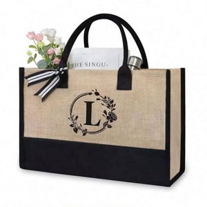 Wholesale Plain Custom Printed Letter Design <b>Large</b> Natural Eco Friendly Burlap Jute Shopping Tote <b>Beach</b> <b>Bag</b> With Logos - Product Image 2